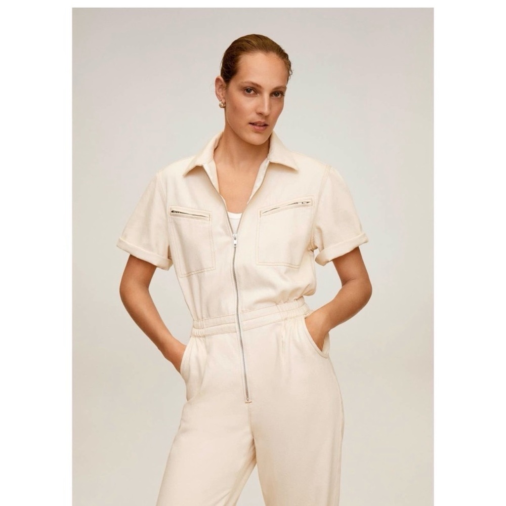 Mango Ecru Denim Jumpsuit Size S Zip Front